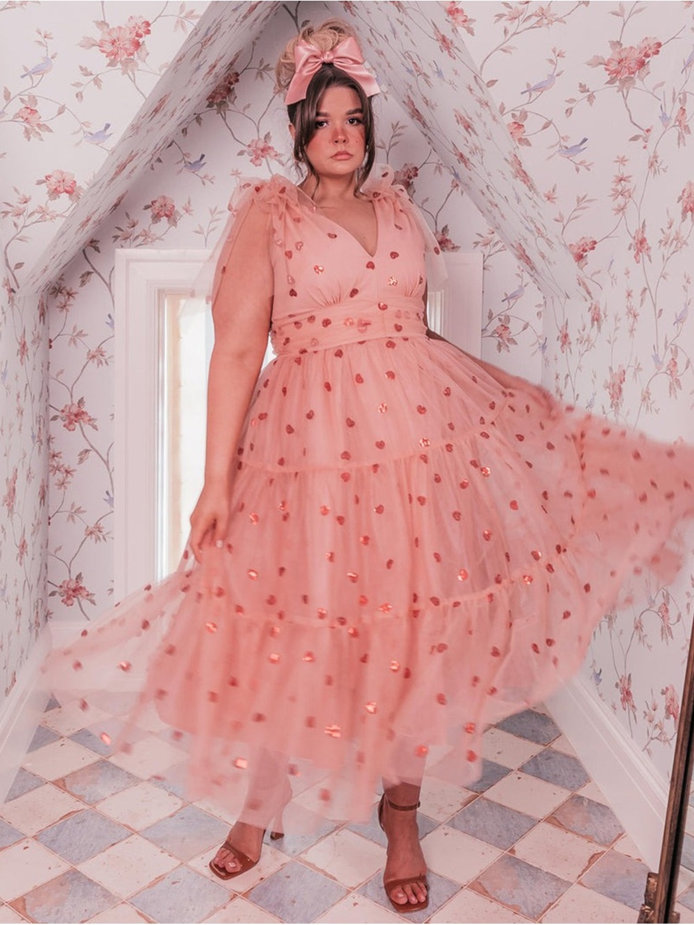 JessaKae Blush Pink Sequin Tiered Tulle Maxi Dress